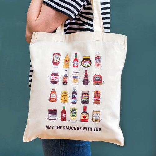funny cotton shopping bag featuring hand drawn illustrations of condiments and a funny pun. Made from 100% cotton 