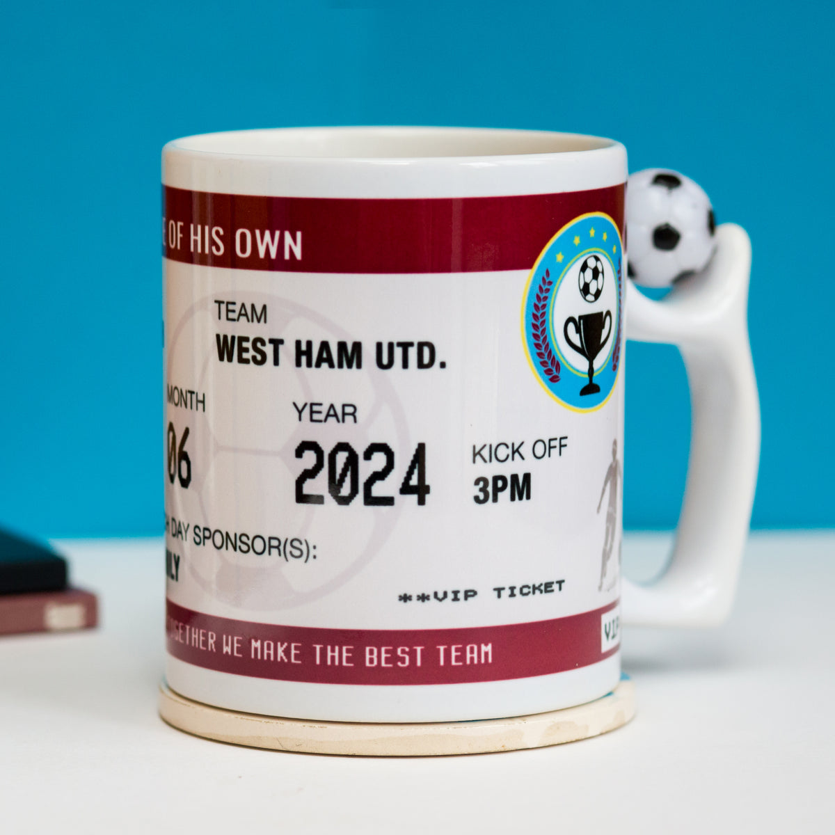 mug designed to look like a football ticket customised to team colours