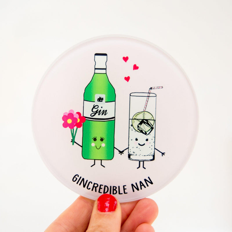 glass coaster with a gin pun and illustration for Nan