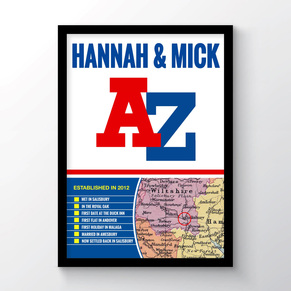 A framed image of our personalised A-Z print featuring seven milestones and a special location on a map