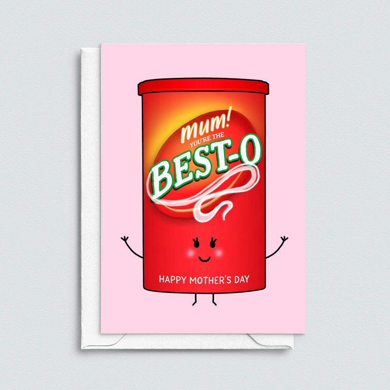 Funny Mother's Day card featuring an illustration of Bisto gravy which we've added a funny pun to making it 'Best-o', telling Mum she's the best