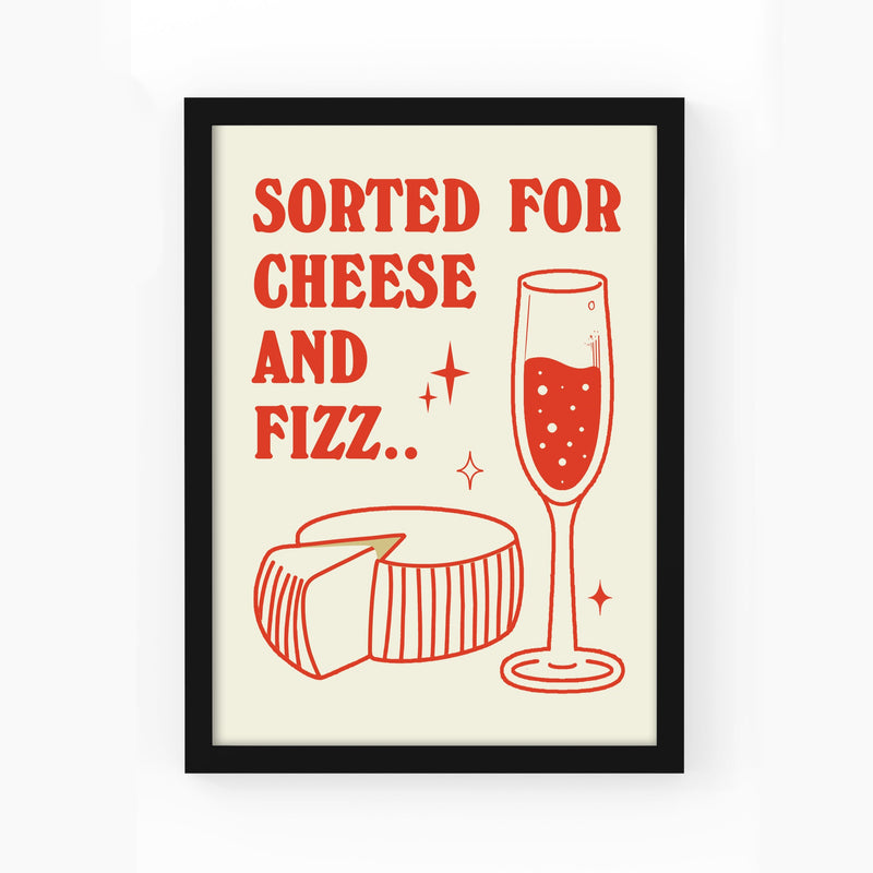 Sorted for cheese and fizz poster featuring retro illustrations 
