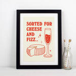 cheese and wine poster featuring a pun and retro illustrations. Perfect for kitchens and dining rooms