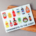 Chopping board featuring illustrations of various condiments and a funny pun