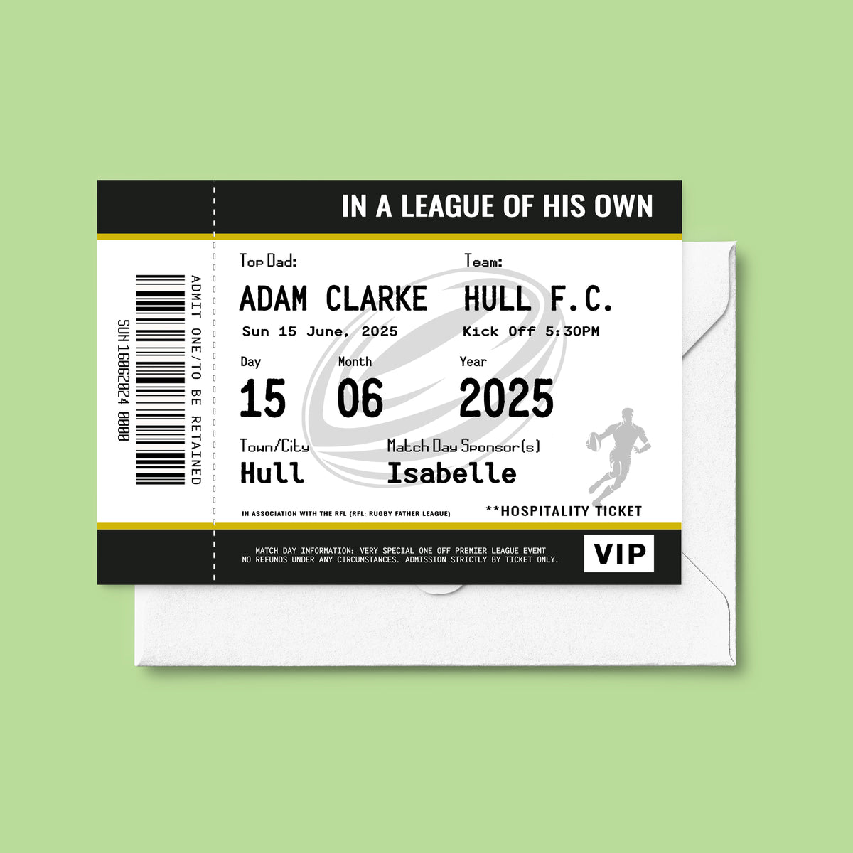 custom rugby ticket card for dad - perfect for father's day