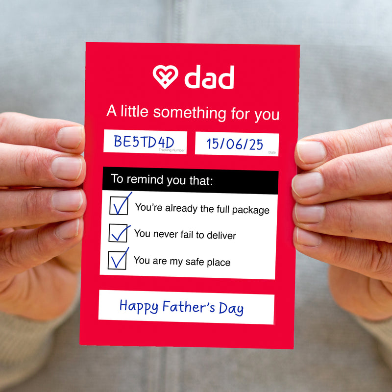 father's day card based on a DPD calling card which instead says DAD and has puns and word play round deliveries. 