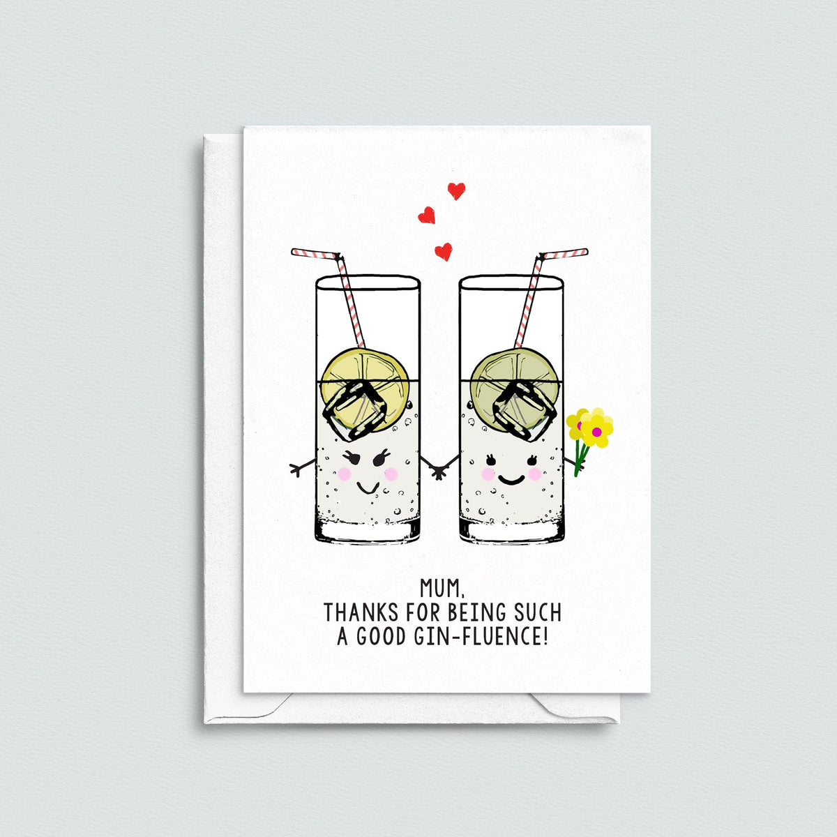 A greeting card for Mum that features illustrations of glasses of gin and tonic and a funny pun