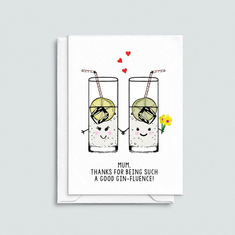 A greeting card for Mum that features illustrations of glasses of gin and tonic and a funny pun