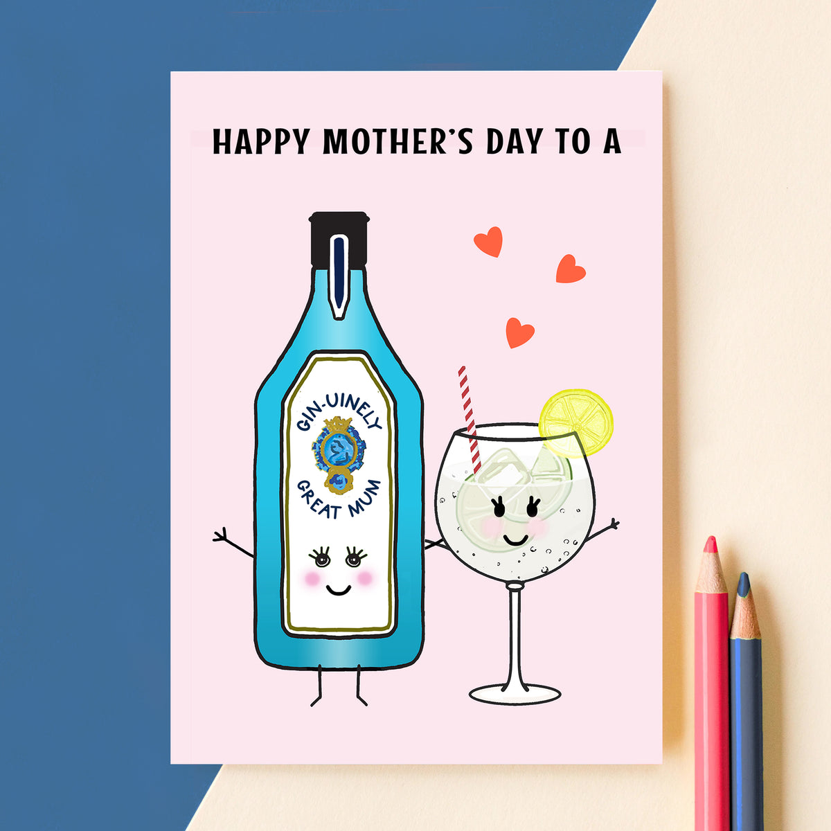 A cute Mother's Day card for a gin loving Mum. Featuring a bottle that says 'GIN-uinely Great Mum' it's a humorous way to wish Mum a Happy Mother's Day