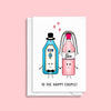 A gin themed wedding card with illustrations of a gin bottle bride and groo