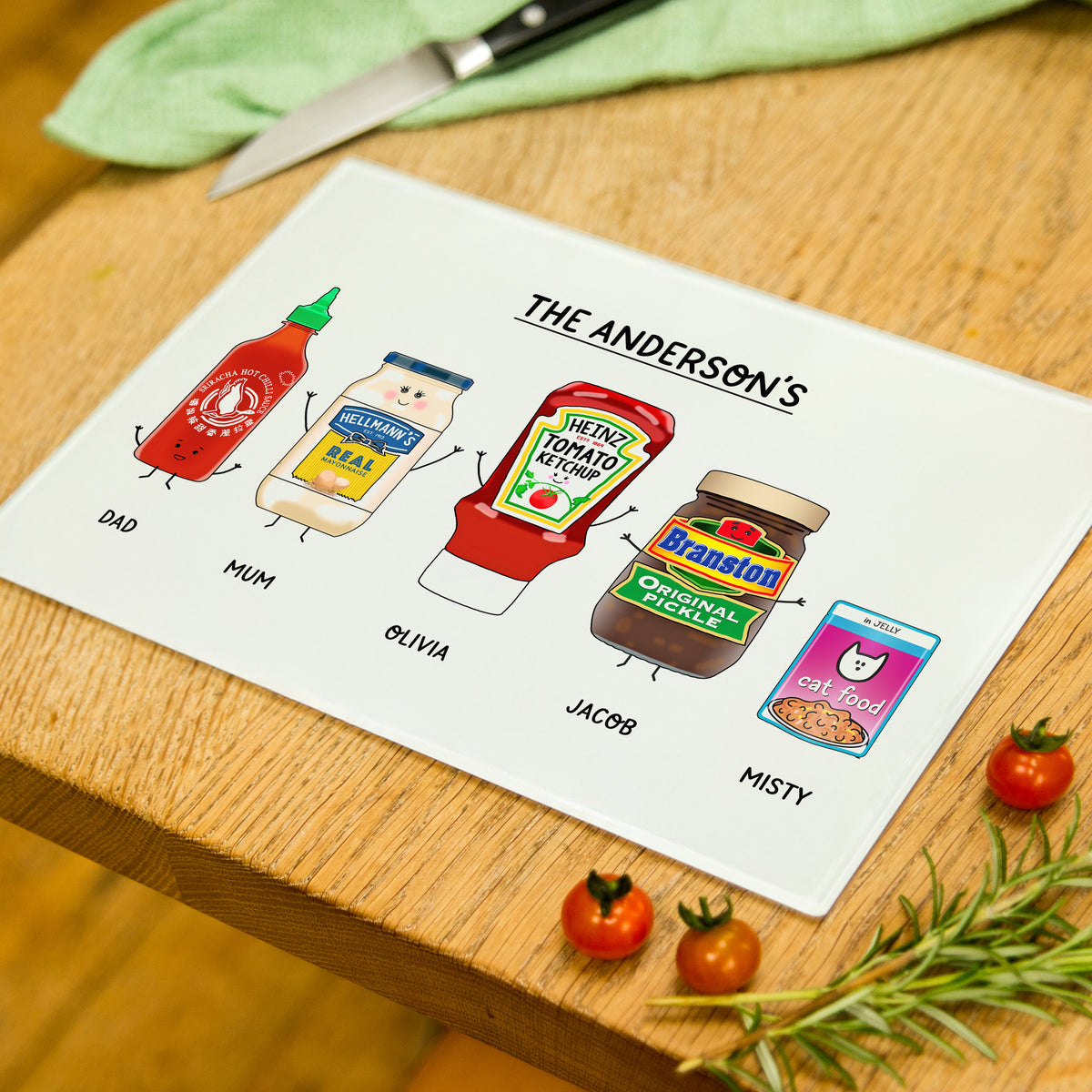 a personalised glass chopping board featuring your family or group of friend illustrated as their favourite sauces and condiments