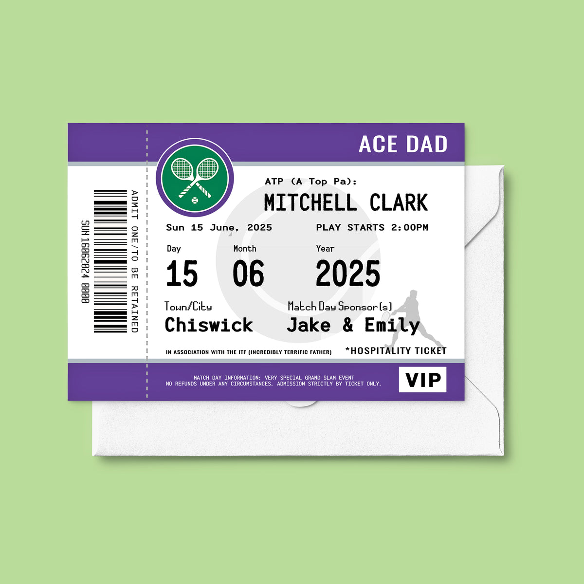 a personalised card for Dads birthday or Father's Day featuring a tennis match ticket design and customised with his details