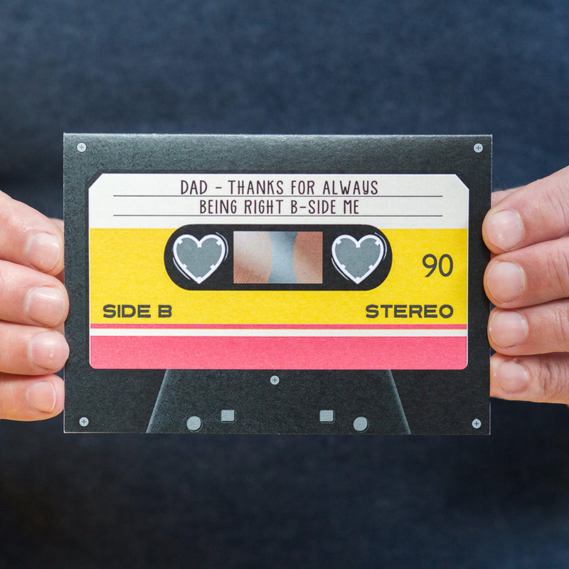 Father's Day card that looks like an old mix tape cassette that has message for Dad