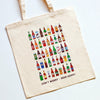A tote bag illustrated with bottles of beer and the words 'Don't Worry, Beer Hoppy'
