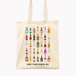 A cheer up gift of a cotton shopping bag that says 'keep your spirits up' and is illustrated with bottles of alcohol spirits