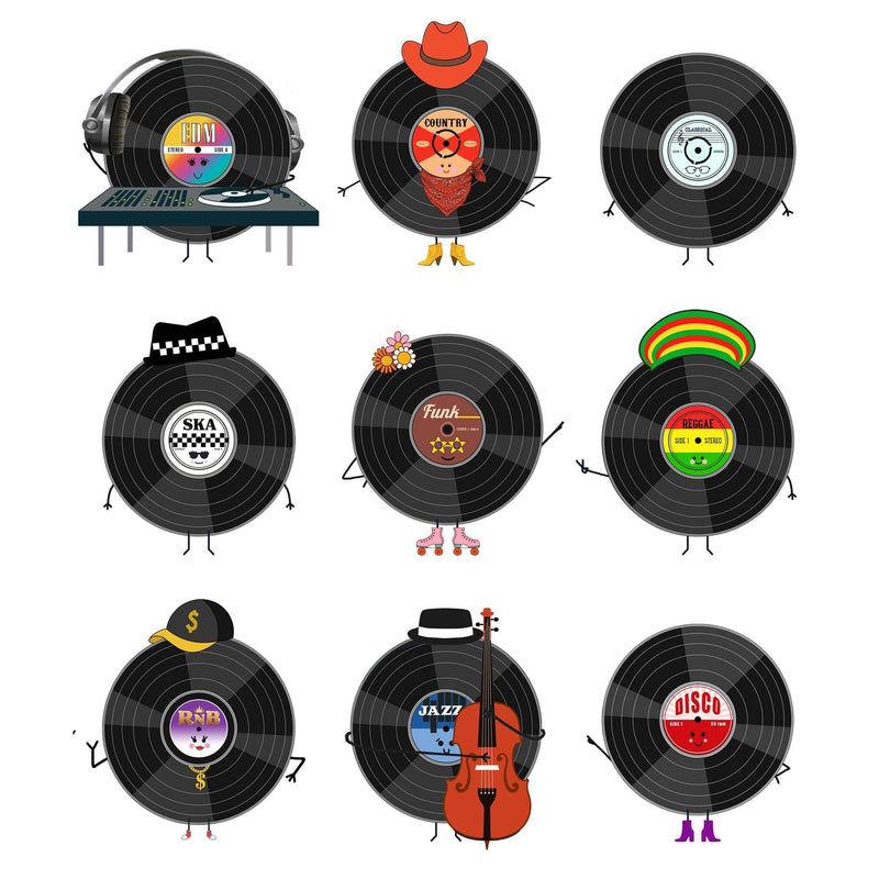 illustrated vinyl records show all of the different types of music on this tea towel 
