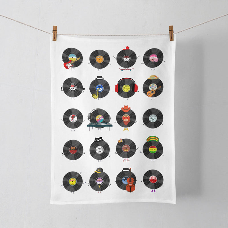 an ideal gift for a music lover, this tea towel is illustrated with various different music genres