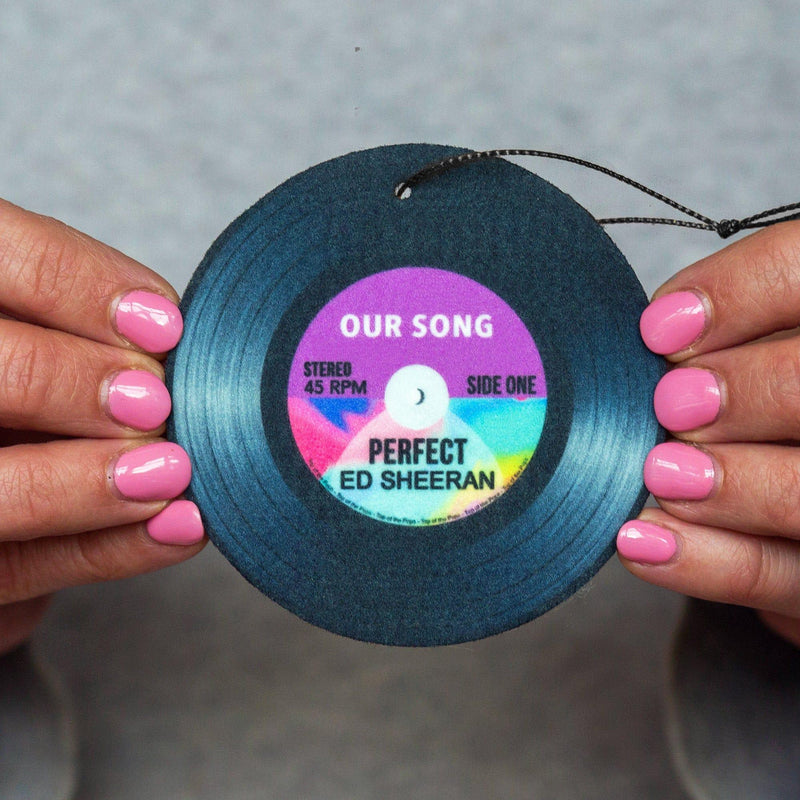 Personalised 'Our Song' air freshener that looks like a vinyl record with custom label