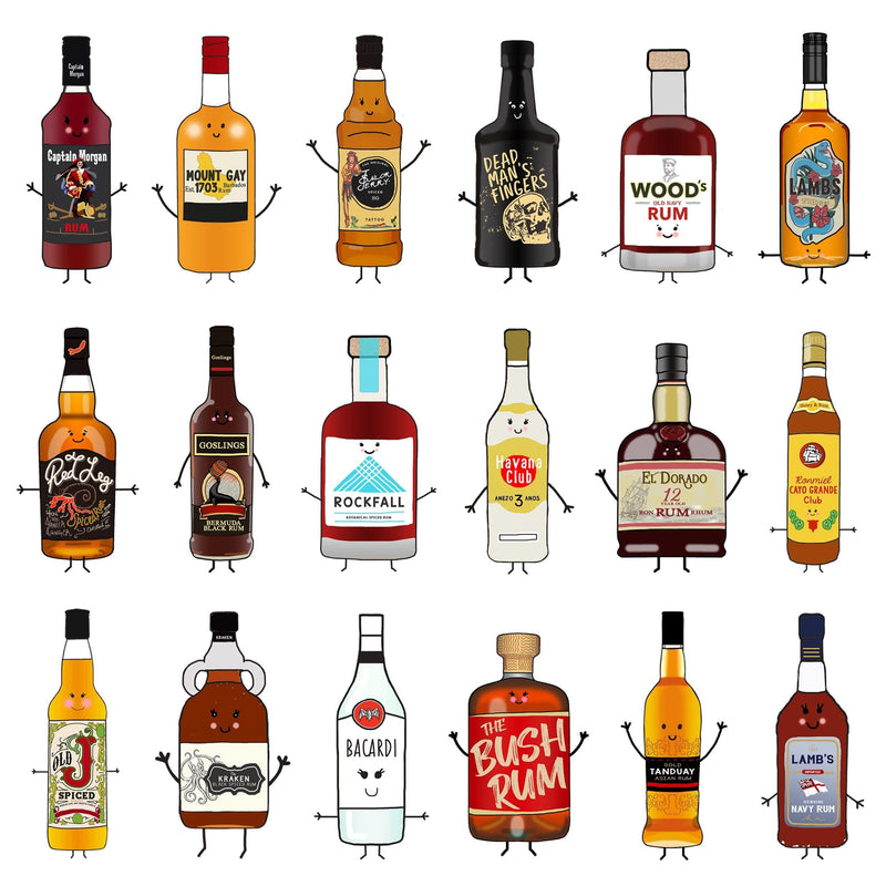 A tea towel illustrated with bottles of rum and the words 'It's a rum-derful life'