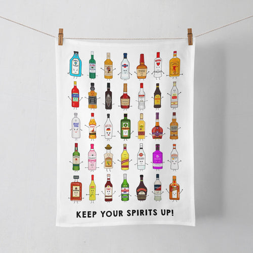 A cotton tea towel featuring illustrations of boozy spirits bottles and a funny pun