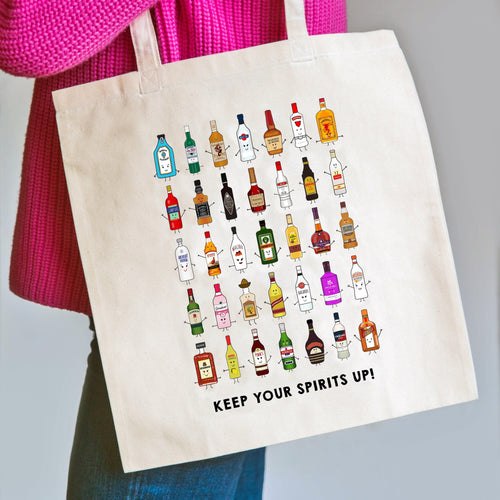 A cotton tote bag featuring illustrations of boozy spirits bottles and a funny pun